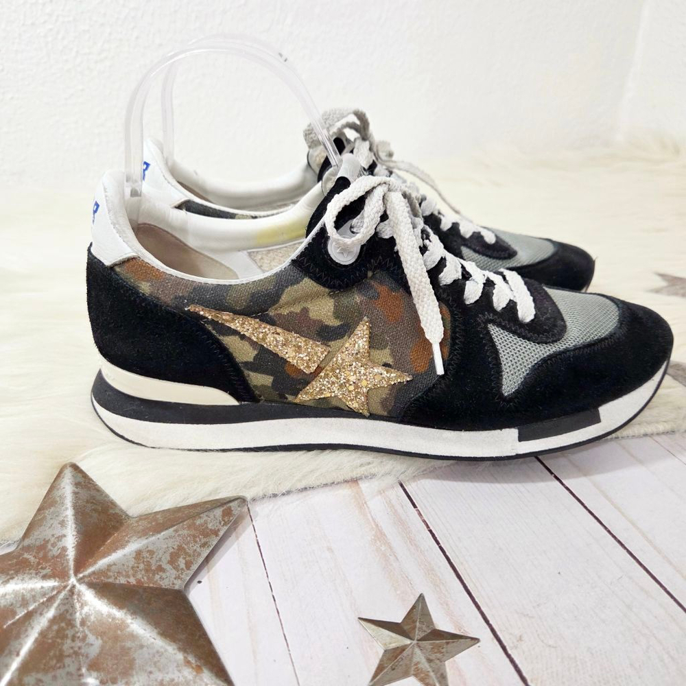 Golden Goose Running camo sneakers gold glitter star distressed black suede 38 - Picture 3 of 13